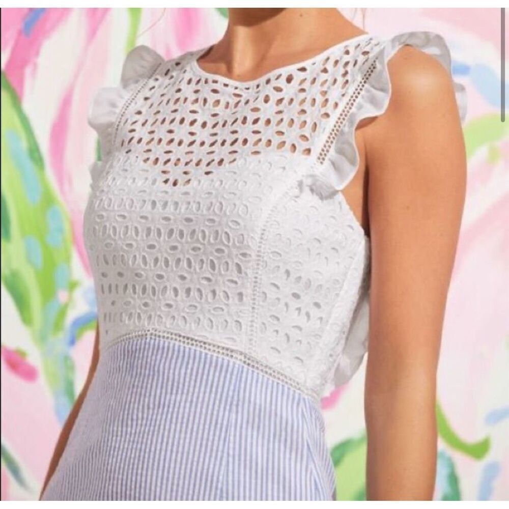 Lilly Pulitzer Maya Shift Dress in Coastal Blue Seersucker & White Eyelet Sz 0 N - Picture 2 of 11